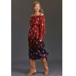 Anthropologie Red and Blue Floral Long Sleeve Maxi Dress